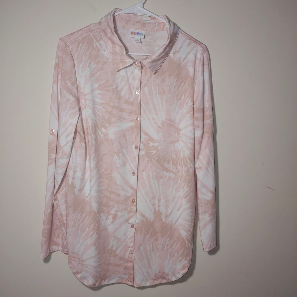 LuLaRoe Valentina  Button Down Roll Tab Sleeves  Sz M Tie Dye Cream Pink